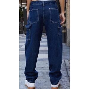 J Galt Dark Indigo 5 Low Rise Straight Leg Jeans Carpenter Style Contrast Stitch